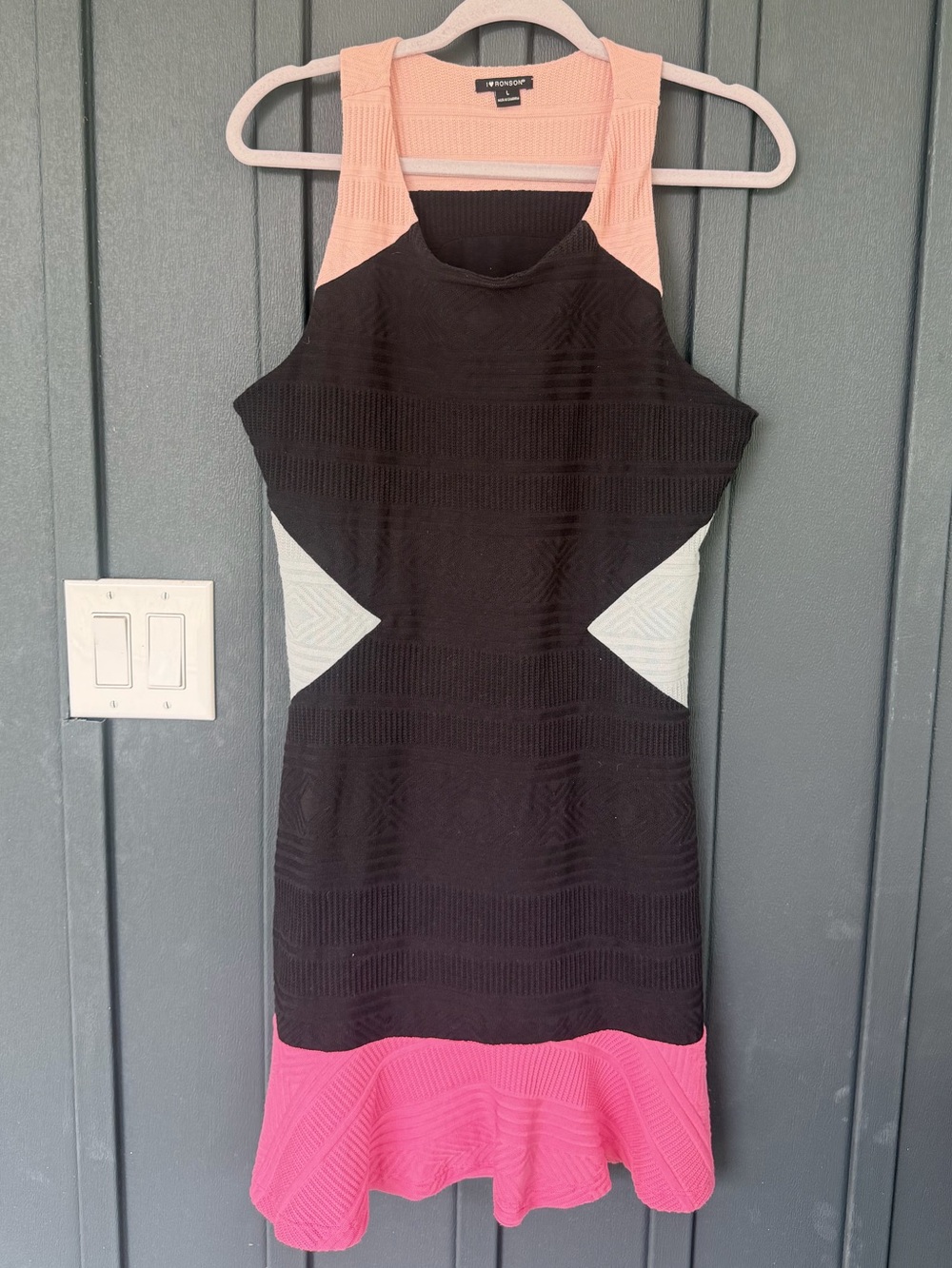 Black, pink, and gray colorblock knit flare sweater dress by I Heart Ronson